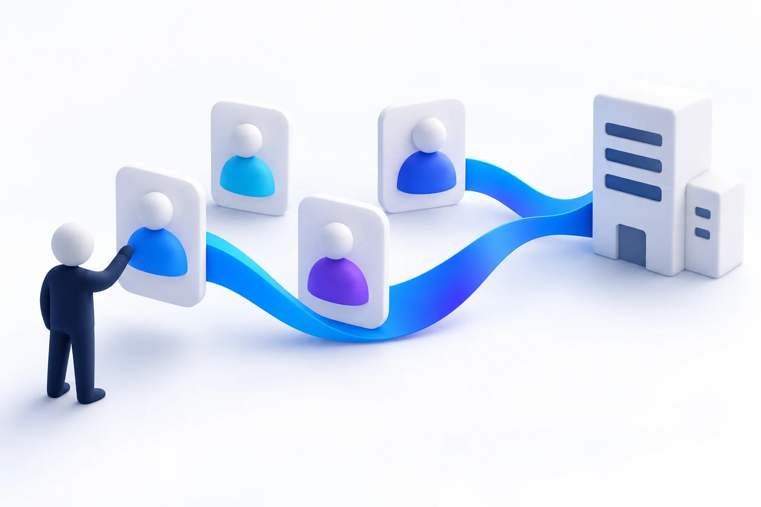 A faceless figure with selected professional profiles connected to a business by curved blue ribbons
