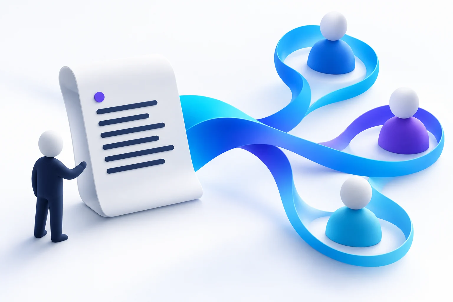 A faceless figure beside a draft connected by a curved blue ribbon to an audience